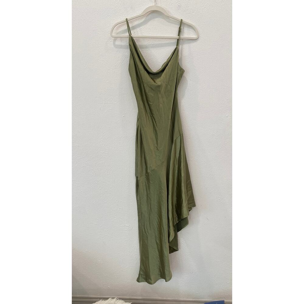 Selfie Leslie Sage Green Satin Cowl Neckline Asymmetrical Hem Midi Dress XS